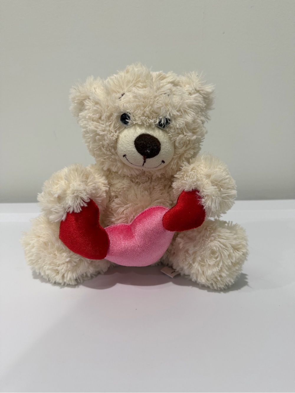 Cream Plush Teddy Bear Holding Pink Heart with Red Paws - Soft Kids Toy